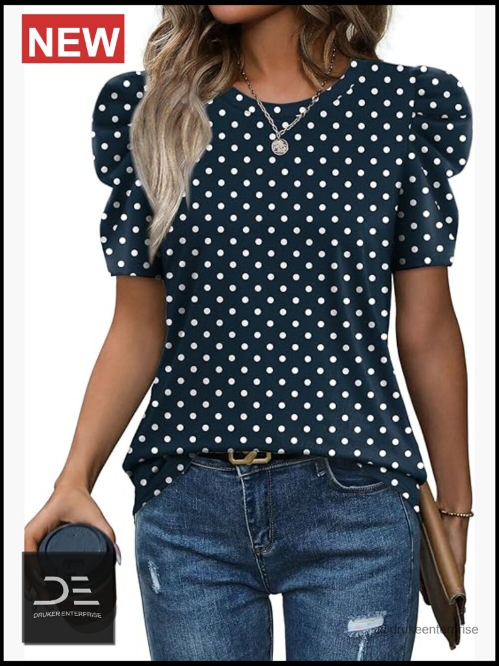 Puff Sleeve Crewneck T-Shirt Blouse Dressy Casual Summer Top